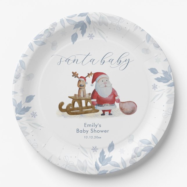 Prato De Papel Winter Christmas Sleigh Moose Santa Baby Shower  (Frente)