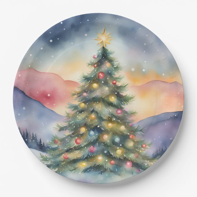 Prato De Papel Winter Christmas Tree Snowy Sunset Scenery (Frente)