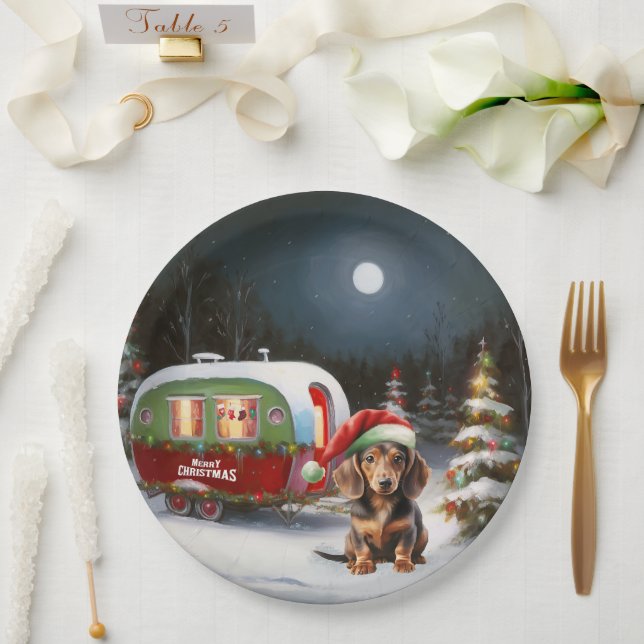 Prato De Papel Winter Dachshund Caravan Christmas Adventure (Casamento)