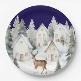 Prato De Papel Winter Deer in Village Watercolor Baby Shower