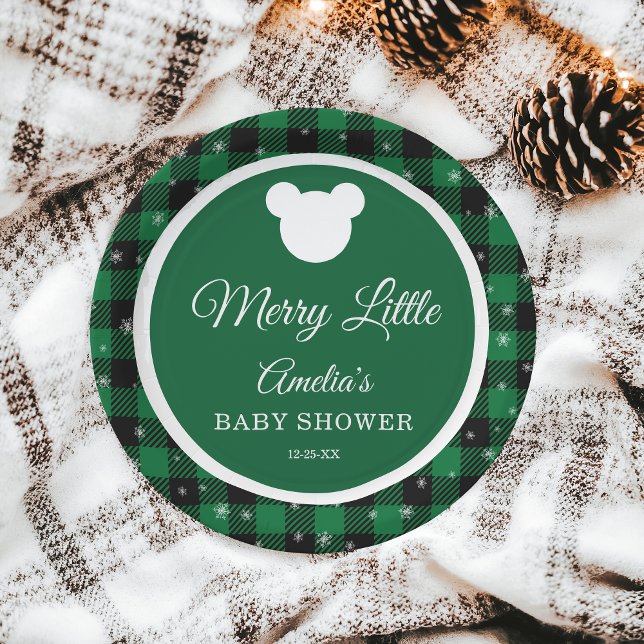 Prato De Papel Winter Green Plaid Merry Little Baby Shower (Criador carregado)