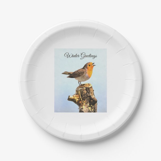 Prato De Papel Winter Greetings. Robin singing  (Frente)