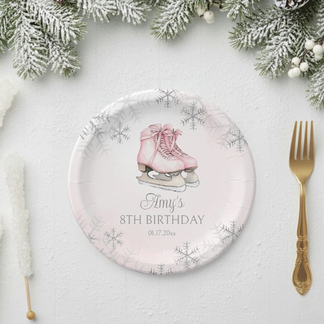 Prato De Papel Winter Ice Skating Birthday Pink Silver Snowflakes (Criador carregado)