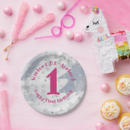 Prato De Papel Winter ONE derland Pink First Birthday Snowflakes