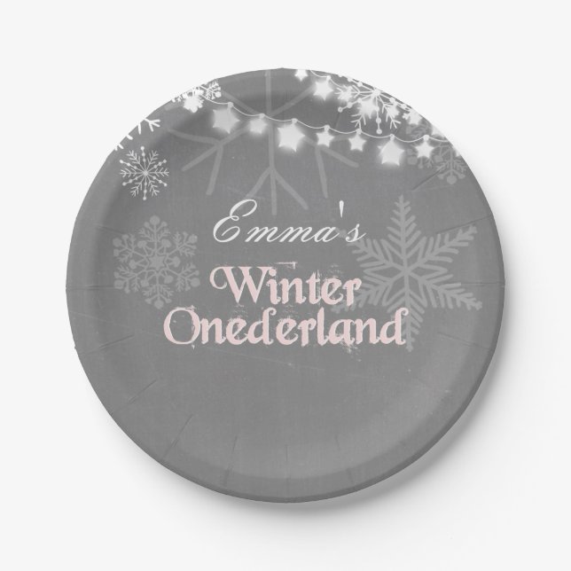 Prato De Papel Winter onederland Birthday Paper Plates Snowflakes (Frente)