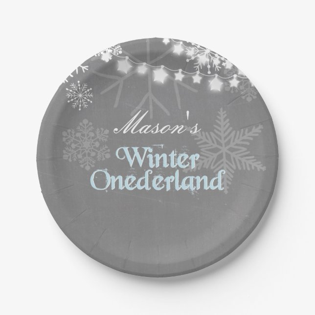 Prato De Papel Winter onederland Birthday Paper Plates Snowflakes (Frente)