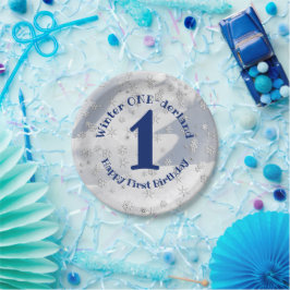 Prato De Papel Winter ONEderland Blue First Birthday Snowflakes