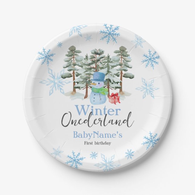 Prato De Papel Winter Onederland First Birday Cute Snowman (Frente)