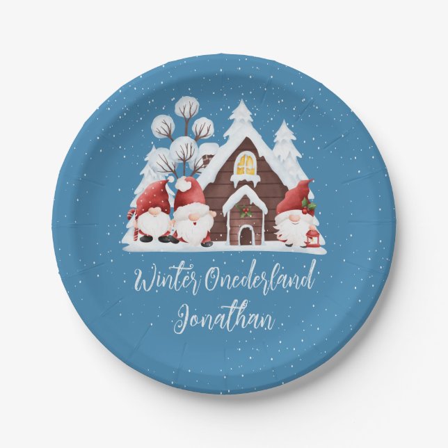 Prato De Papel Winter Onederland First Birthday Cute gnomos (Frente)