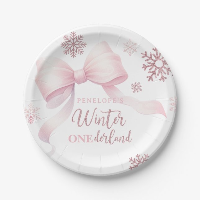 Prato De Papel Winter Onederland Pink Bow Girl 1st Birthday (Frente)