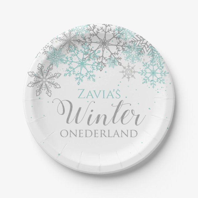 Prato De Papel Winter Onederland Teal Silver First Birday Plate (Frente)