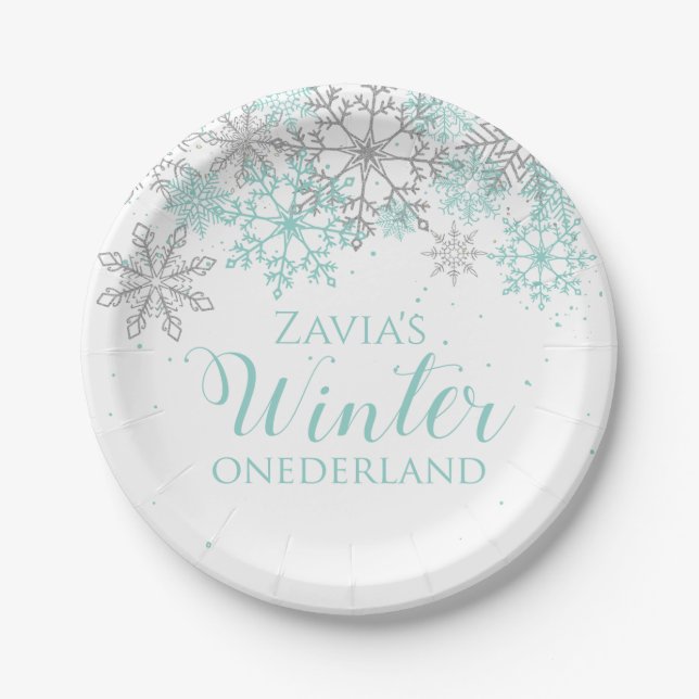 Prato De Papel Winter Onederland Teal Silver First Birday Plate (Frente)