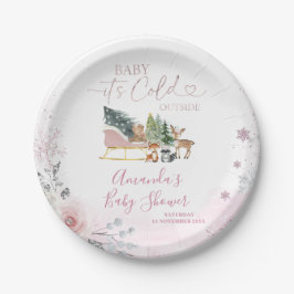 Prato De Papel Winter Pastel Pink Snowflake Sleigh Baby Shower