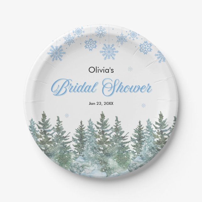 Prato De Papel Winter Pine Trees Snowflakes Bridal Shower (Frente)
