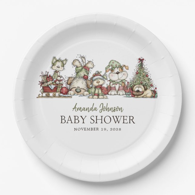 Prato De Papel Winter Puppy Christmas Holidays Baby Shower (Frente)