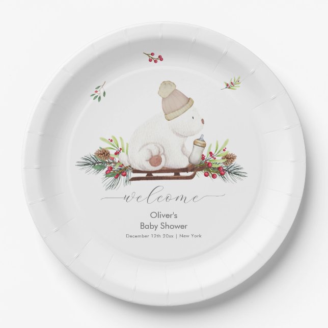 Prato De Papel Winter Sleigh Polar Bear Baby Shower Welcome  (Frente)
