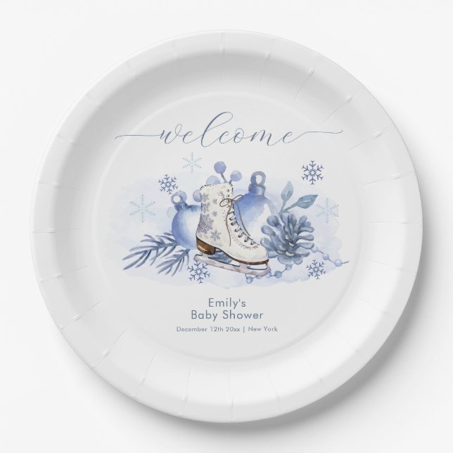 Prato De Papel Winter Snowflake Ice Skate Baby Shower Welcome (Frente)