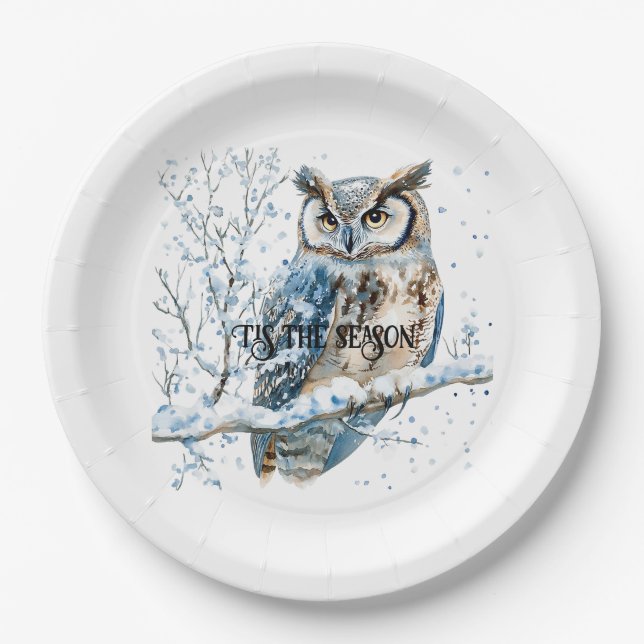 Prato De Papel Winter Snowflakes Blue Owl Christmas Snow (Frente)