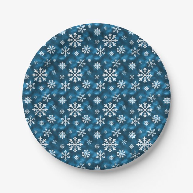 Prato De Papel Winter Snowflakes Pattern On Cool Blue Background (Frente)