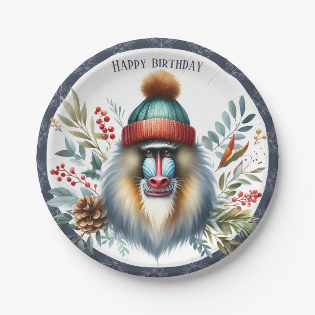 Prato De Papel Winter Vibes Mandrill - Aniversário (Frente)