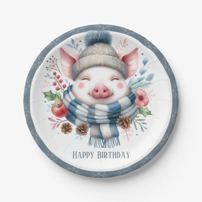 Prato De Papel Winter Vibes Pig Scarf and Hat - Aniversário (Frente)