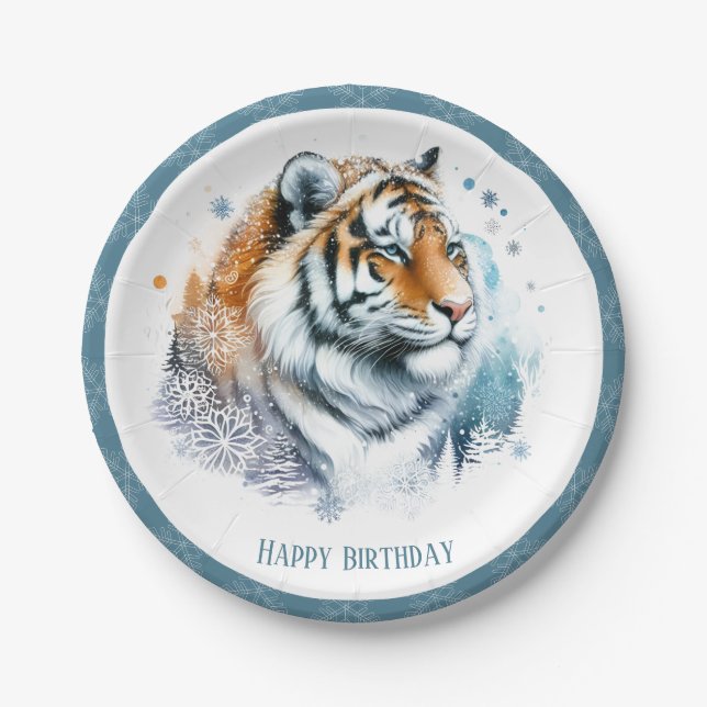 Prato De Papel Winter Vibes Snowy Landscape Tiger Birthday (Frente)