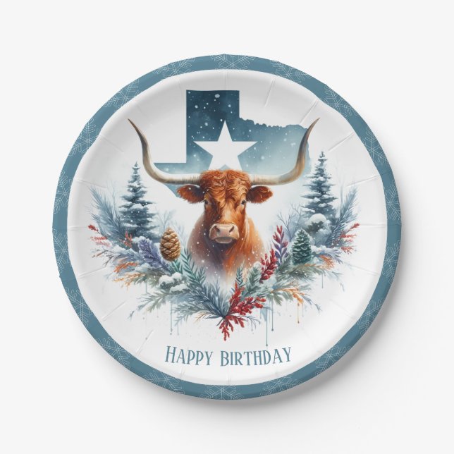 Prato De Papel Winter Vibes Texas Longhorn Birthday (Frente)