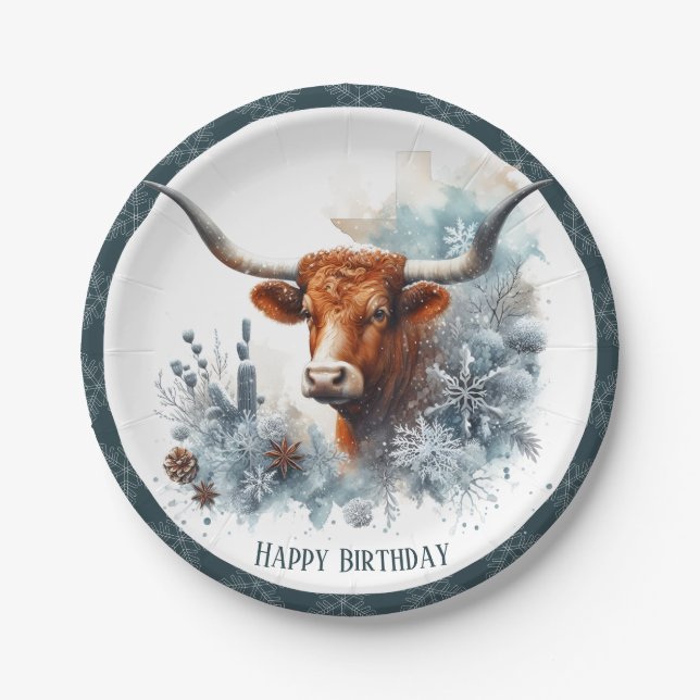 Prato De Papel Winter Vibes Texas Longhorn Birthday (Frente)