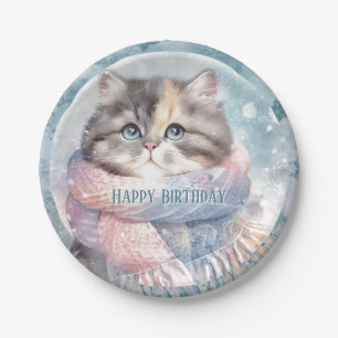 Prato De Papel Winter Vibs Cat com Scarf Birthday