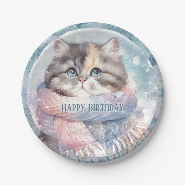 Prato De Papel Winter Vibs Cat com Scarf Birthday (Frente)