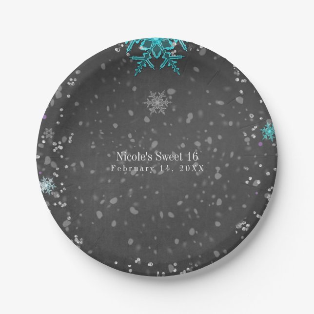 Prato De Papel Winter Wonderland Chalk Teal & Purple Custom Party (Frente)