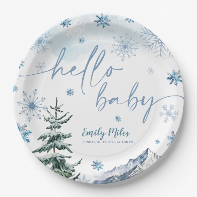 Prato De Papel Winter Wonderland Hello Baby Paper Plates (Frente)