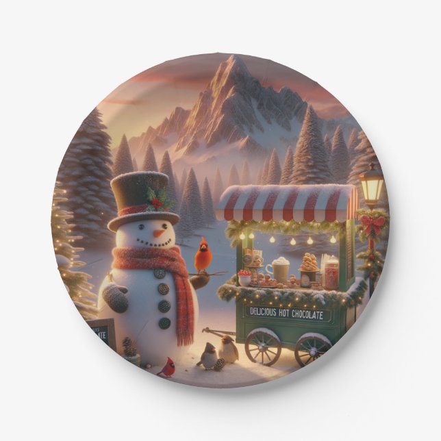 Prato De Papel Winter Wonderland Snowman's Hot Chocolate Cart (Frente)