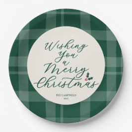 Prato De Papel Wishing You a Merry Christmas Dark Green Plaid