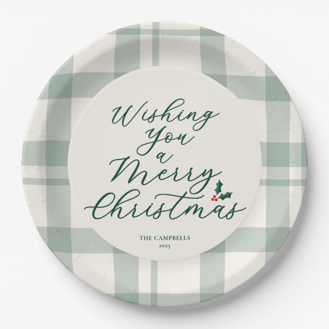 Prato De Papel Wishing You a Merry Christmas Plaid (Frente)
