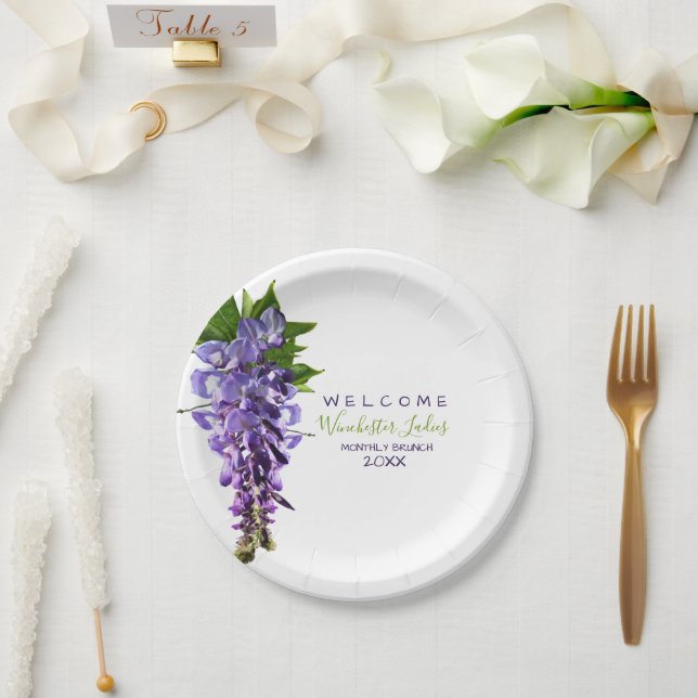 Prato De Papel Wisteria Flowers de Boas-Vindas Nome Personalizado (Casamento)