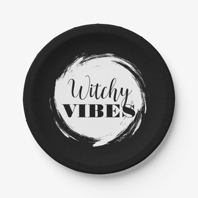 Prato De Papel Witchy Halloween Party Black and White (Frente)