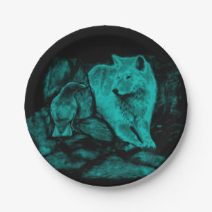 Prato De Papel Wolf e Raven na noite