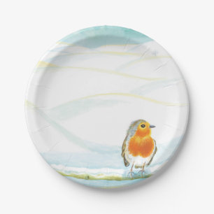 Prato De Papel Wonderland de inverno com a ilustração Robin