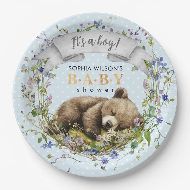 Prato De Papel Woodland Baby Bear Baby Shower Paper Plate (Frente)