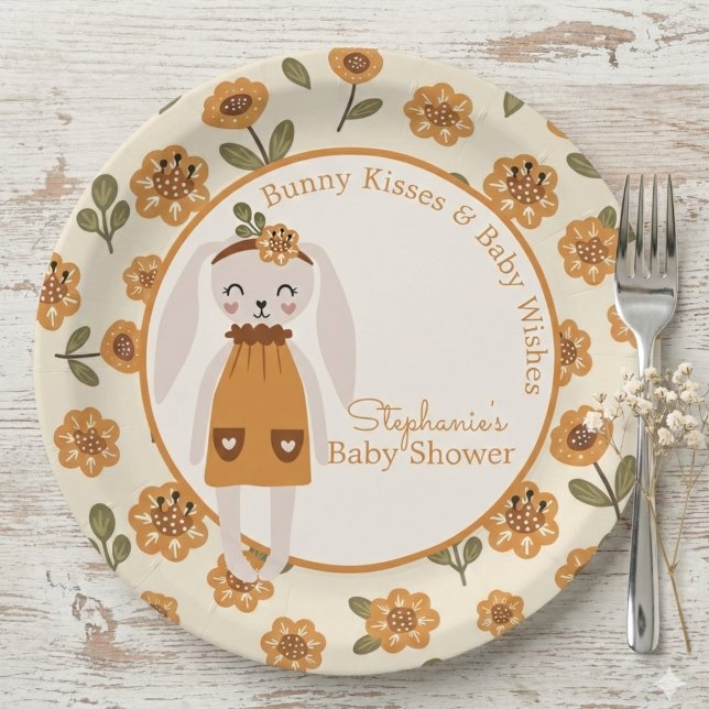 Prato De Papel Woodland Boho Bunny Baby Shower (Boho bunny woodland baby shower plate)