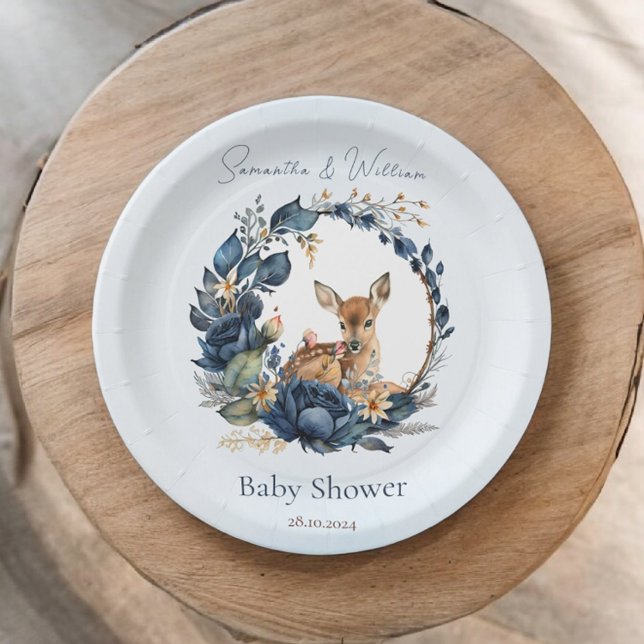 Prato De Papel Woodland Deer Blue Flowers Boho Leaves (Criador carregado)