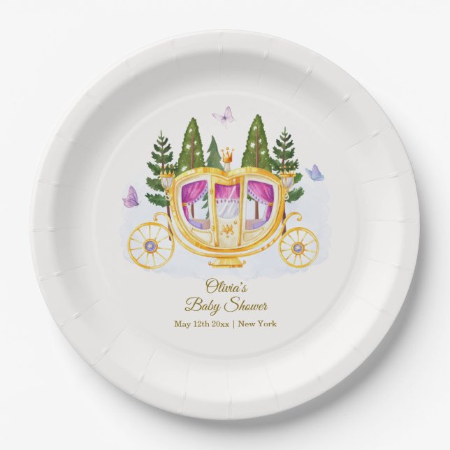 Prato De Papel Woodland Fairytale Princess Carriage Baby Shower (Frente)