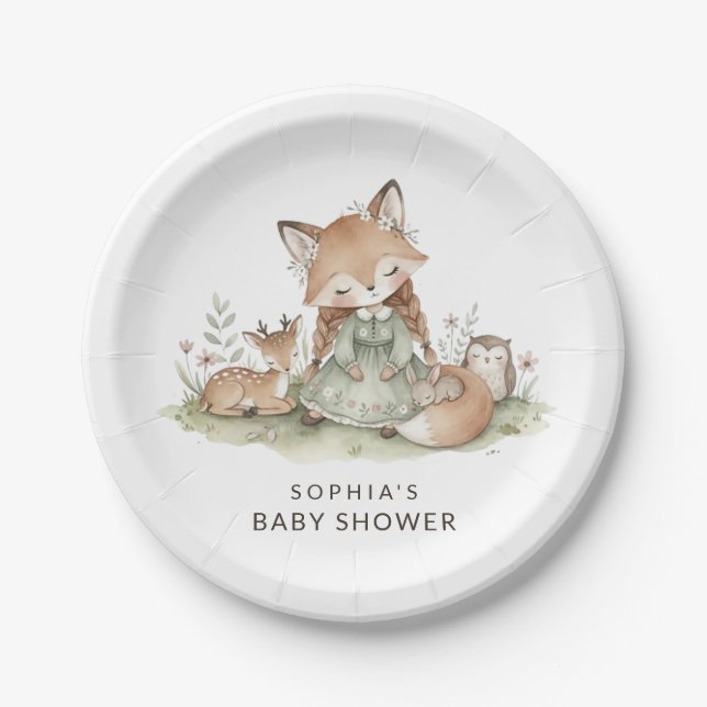 Prato De Papel Woodland Fox Girl Baby Shower Paper Plate (Frente)