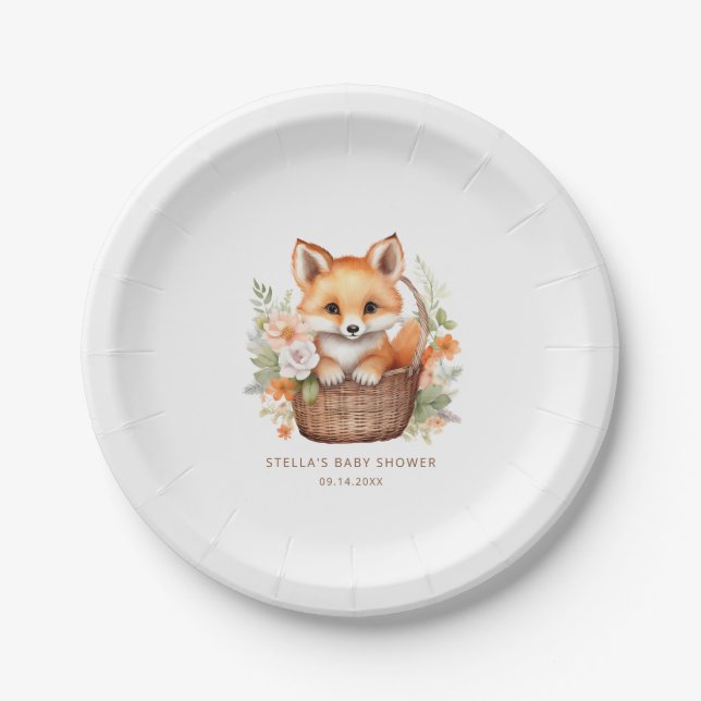 Prato De Papel Woodland Fox Personalized Baby Shower Paper Plates (Frente)