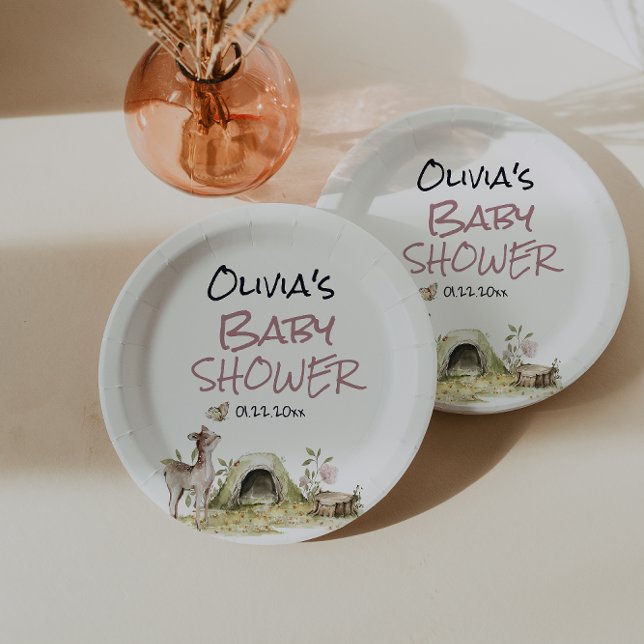 Prato De Papel Woodland Pink Girl Deer Forest Animal Baby Shower (Criador carregado)