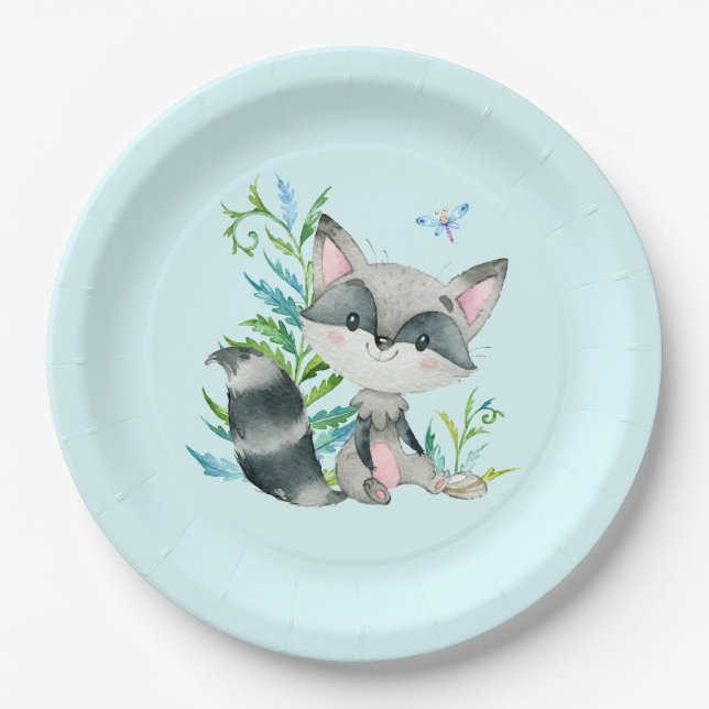 Prato De Papel Woodland Raccoon Whimsical Aqua (Frente)