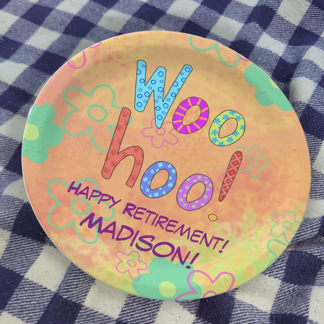 Prato De Papel Woohoo Word Texto Nome de Arte Personalizado Apose (WooHoo Retirement Plate name personalized for a great party)