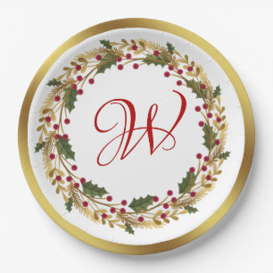 Prato De Papel Wreath Christmas Green Holly deixa Red Berry