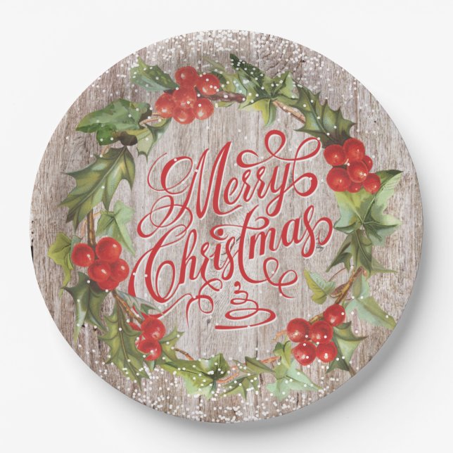 Prato De Papel Wreath Christmas Rustic Wood Red Holly Typografia (Frente)